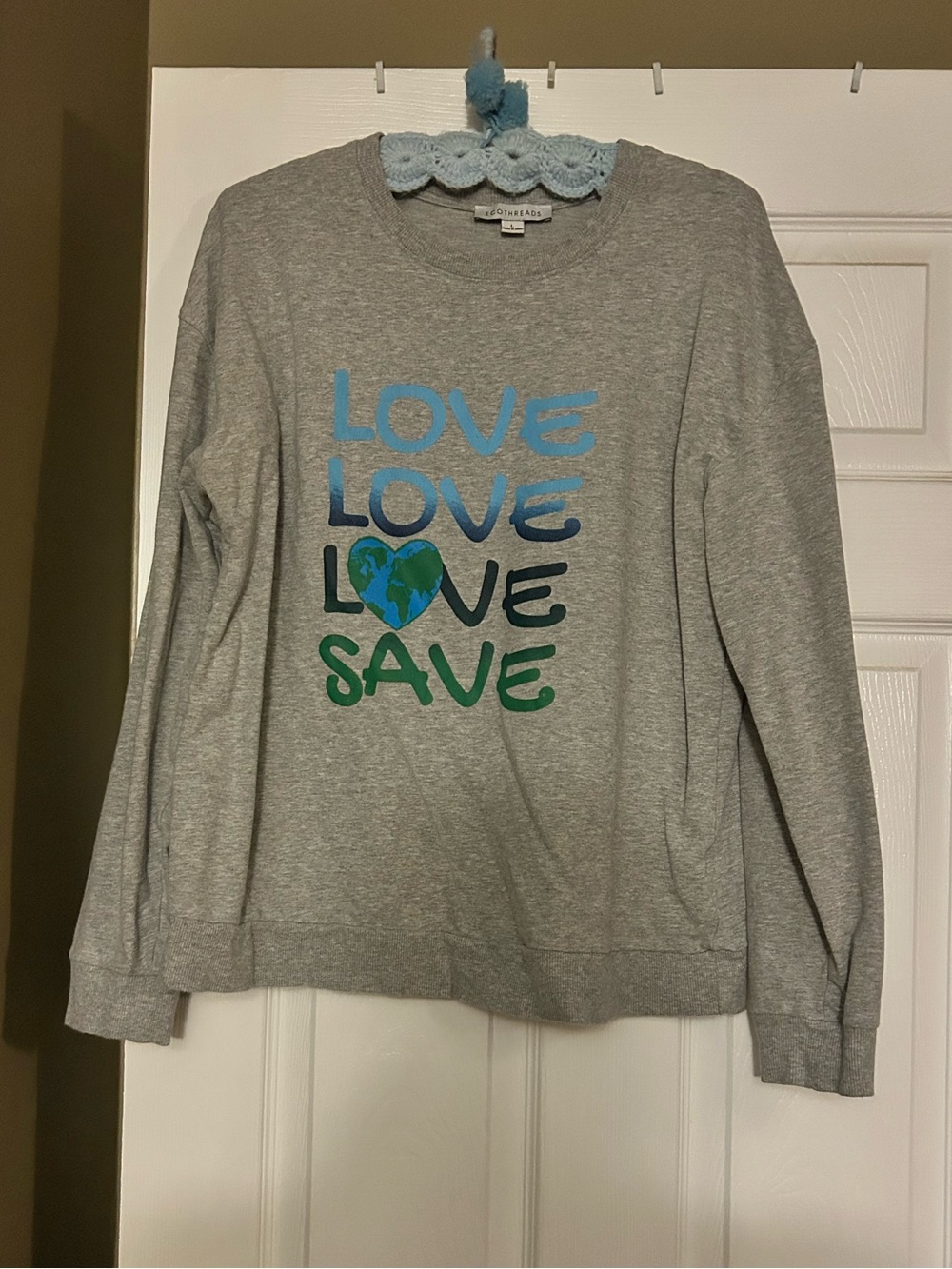 Grey 'Love Save' Graphic Sweatshirt - Blue & Green Print